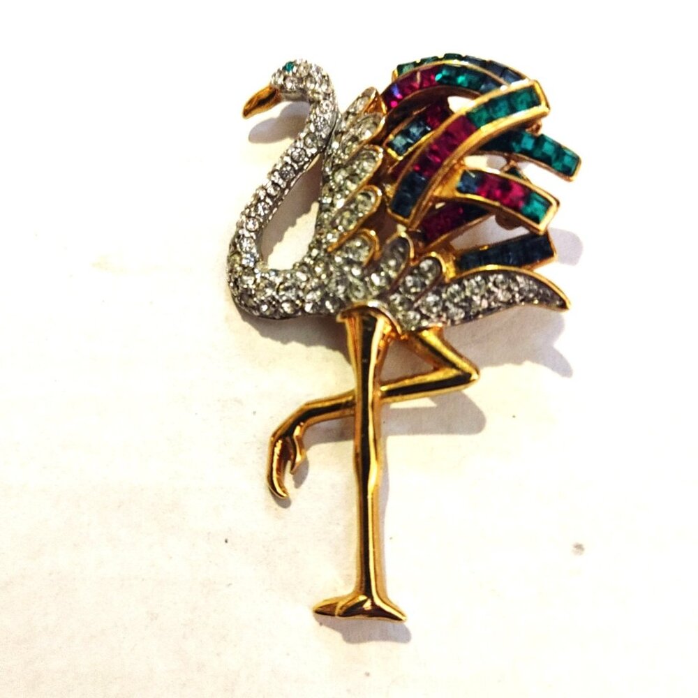 Bird Baguette Pave Brooch Pin Vintage Flamingo Ostrich Gold Tone Rhinestones